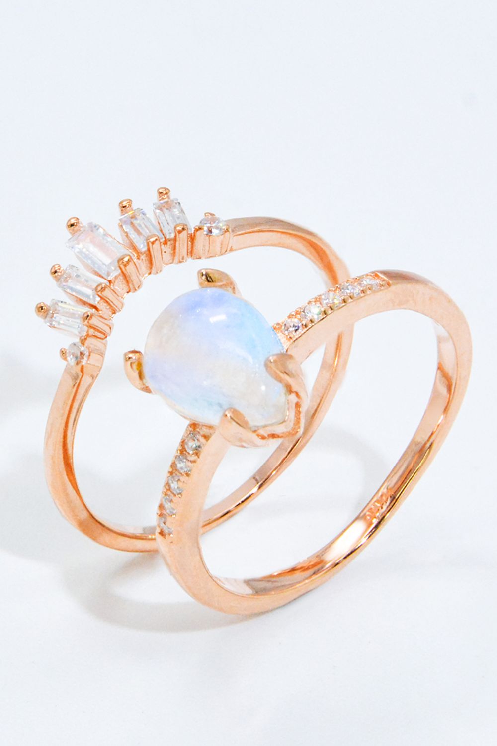 Natural Moonstone and Zircon 18K Rose Gold-Plated Two-Piece Ring Set.