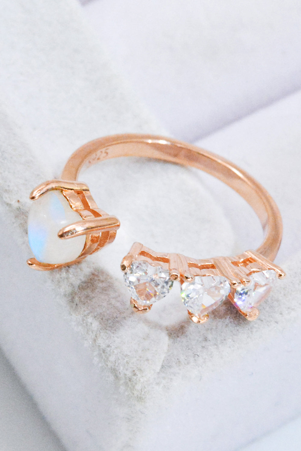 Natural Moonstone and Zircon Heart Open Ring.