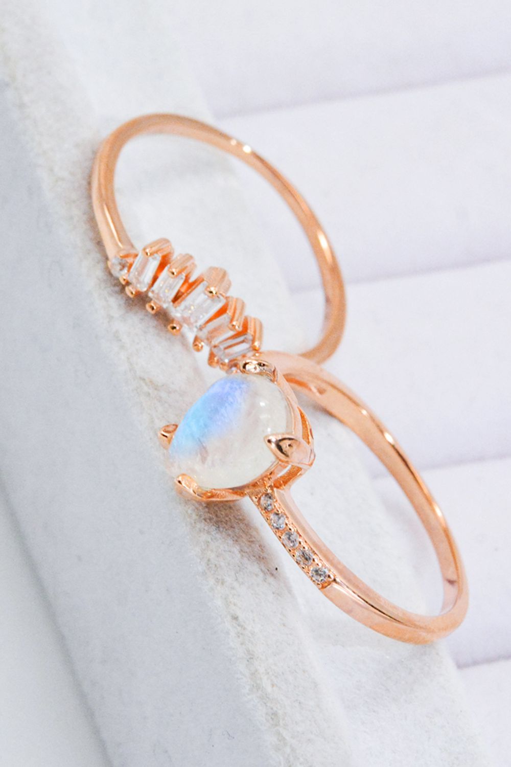 Natural Moonstone and Zircon 18K Rose Gold-Plated Two-Piece Ring Set.