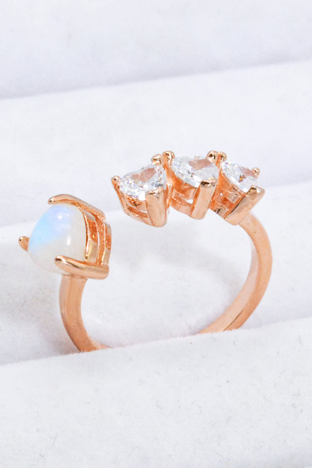 Natural Moonstone and Zircon Heart Open Ring.