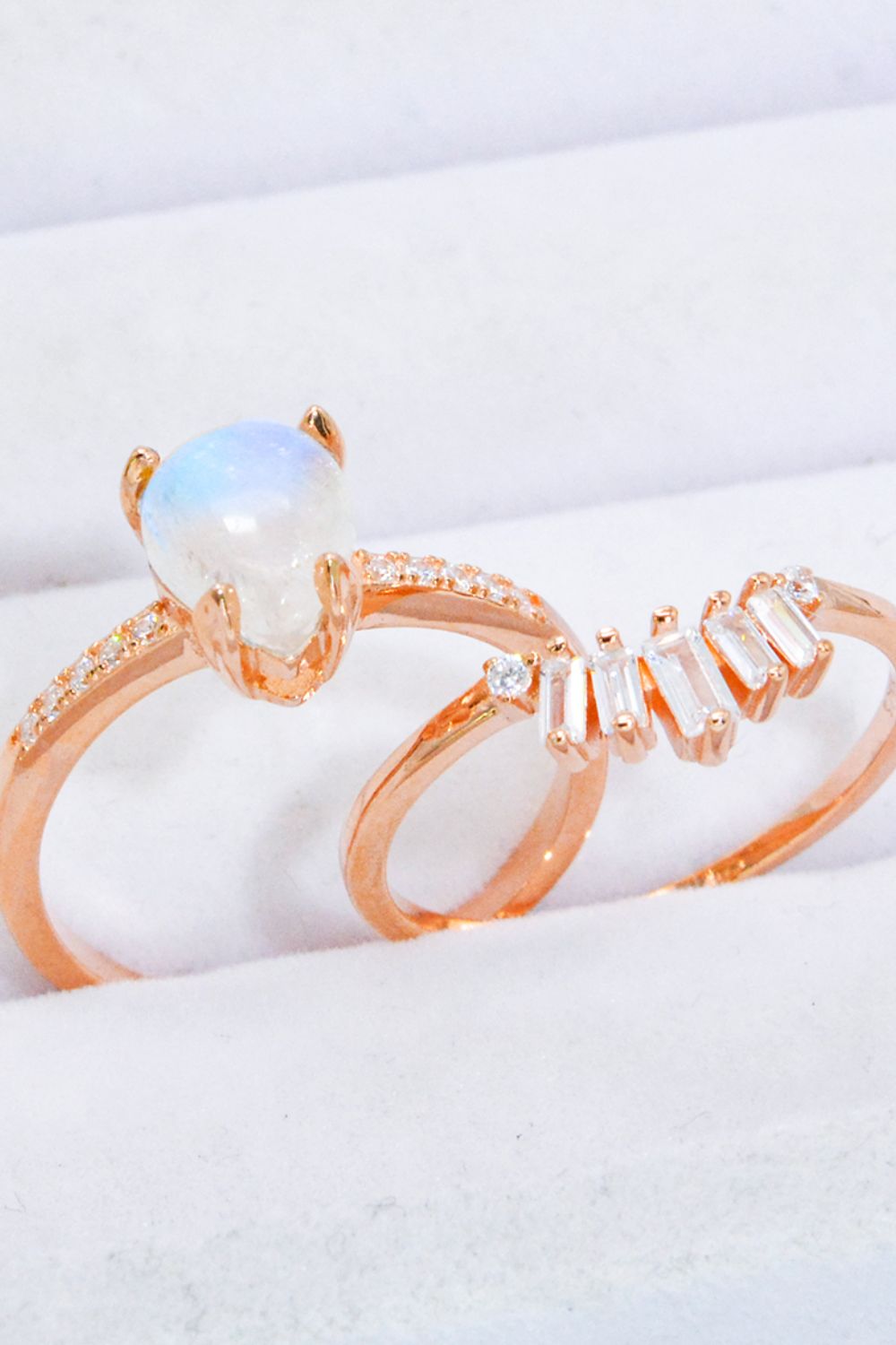 Natural Moonstone and Zircon 18K Rose Gold-Plated Two-Piece Ring Set.