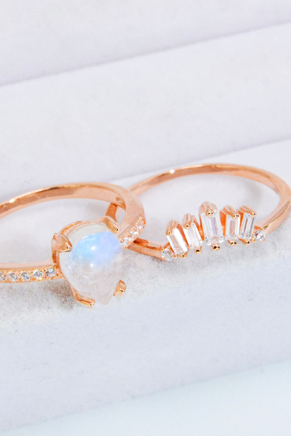 Natural Moonstone and Zircon 18K Rose Gold-Plated Two-Piece Ring Set.