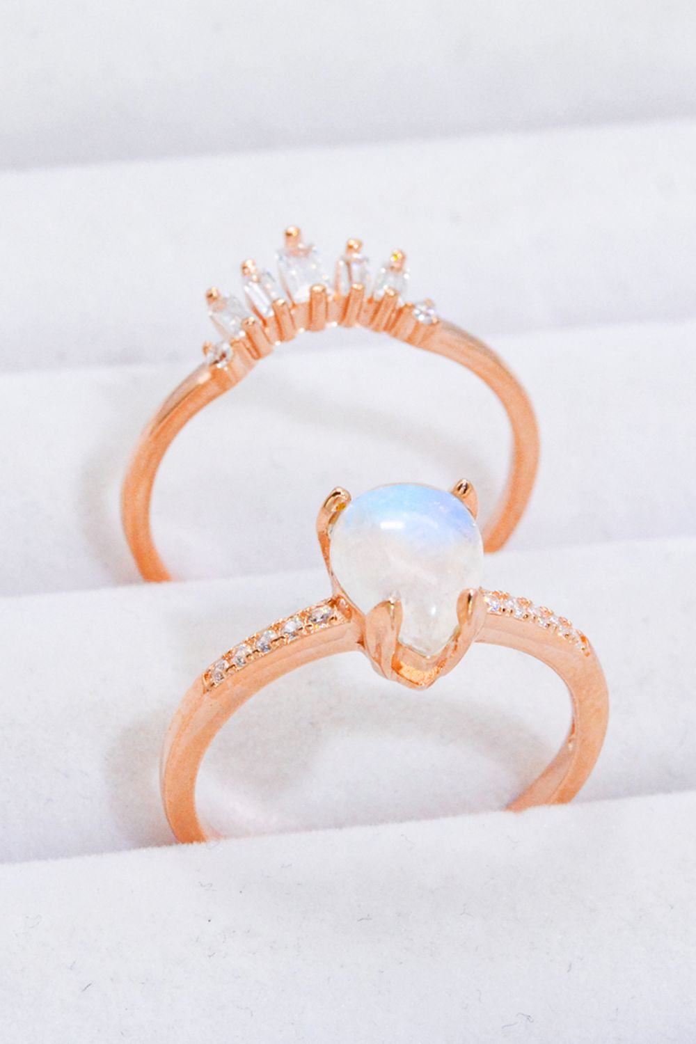 Natural Moonstone and Zircon 18K Rose Gold-Plated Two-Piece Ring Set.