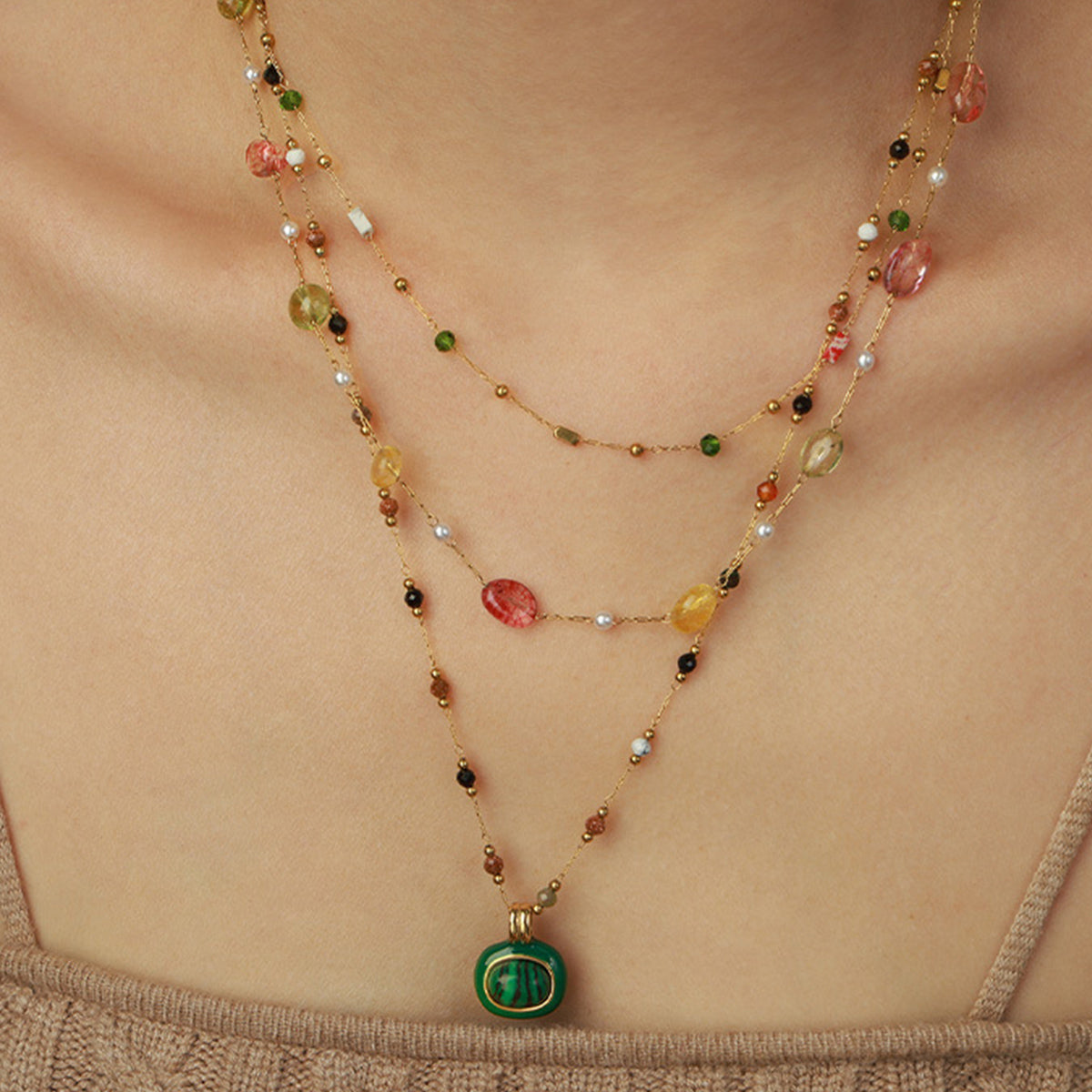 Titanium Steel Gold-plated Bead Necklace.