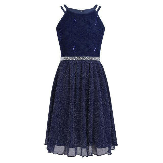 6-14 Years Kids Girls Sleeveless Sequined Floral Lace Shiny Princess Tulle Dress for Birthday Party Summer Prom Clothes - Image #3