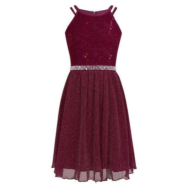 6-14 Years Kids Girls Sleeveless Sequined Floral Lace Shiny Princess Tulle Dress for Birthday Party Summer Prom Clothes - Image #2