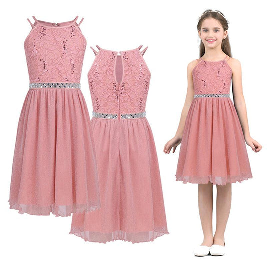 6-14 Years Kids Girls Sleeveless Sequined Floral Lace Shiny Princess Tulle Dress for Birthday Party Summer Prom Clothes - Image #1