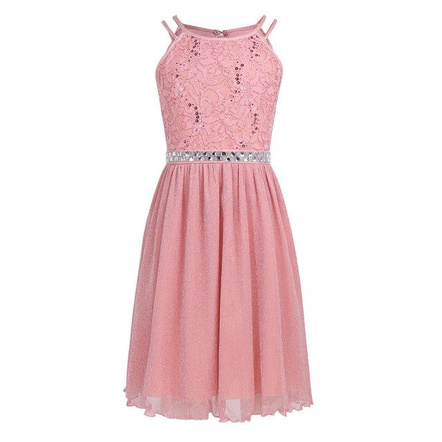 6-14 Years Kids Girls Sleeveless Sequined Floral Lace Shiny Princess Tulle Dress for Birthday Party Summer Prom Clothes - Image #6