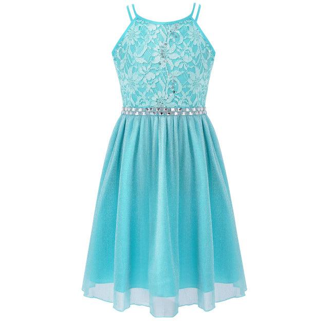6-14 Years Kids Girls Sleeveless Sequined Floral Lace Shiny Princess Tulle Dress for Birthday Party Summer Prom Clothes - Image #4